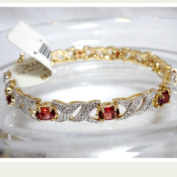 Macy's Jewelry - NWT January Birth Stone Garnet Diamond 24KT Gold .925 Silver Tennis Bracelet